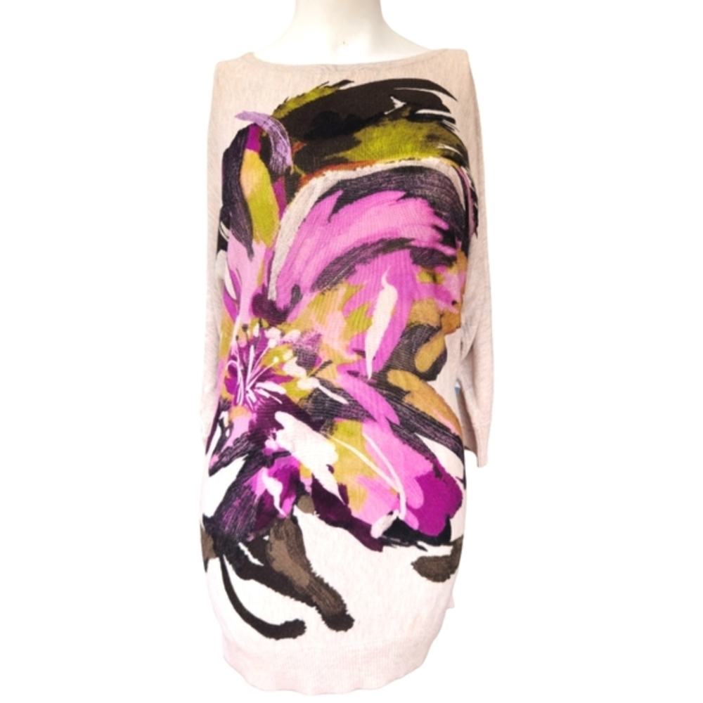 INC Lightweight Knit Beige Purple Floral Semi-Long Batwing Tunic  size M